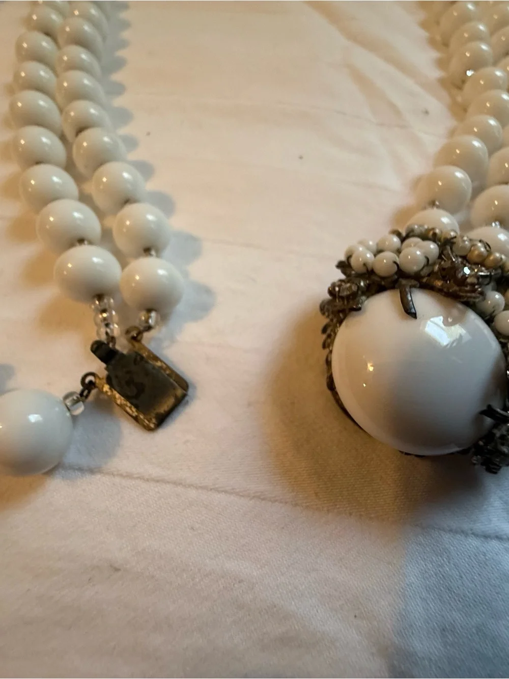 Miriam Haskell White Beaded Multi-Strand Necklace with Rhinestone Spacers